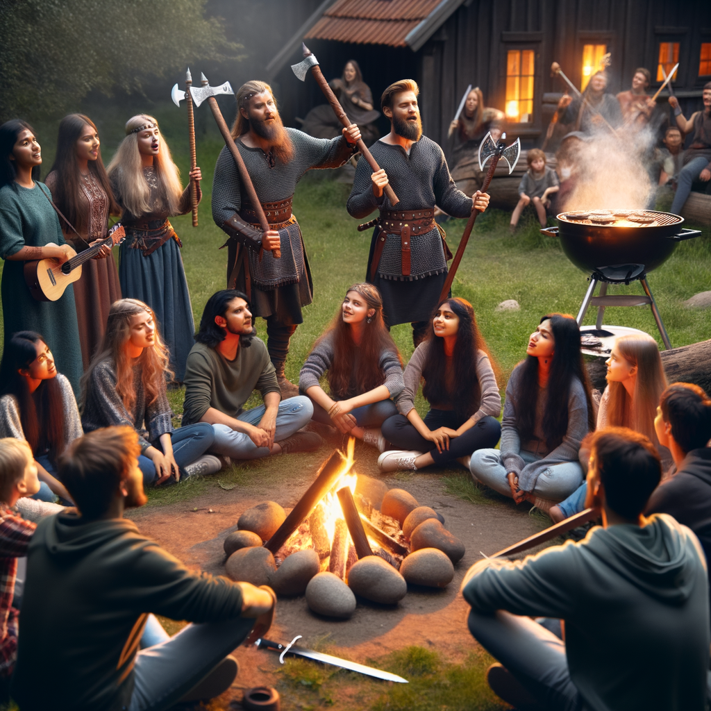 Eine Gruppe von gleichgesinnten. Sie haben eine Sippe und leben nach der Nordischen mythology. Sie sitzen gemeinsam am Feuer und singen. Sie glauben an Thor und Odin. Es ist Später Abend. im Hintergrund wird gegrillt. kinder spielen mit holzschwertern