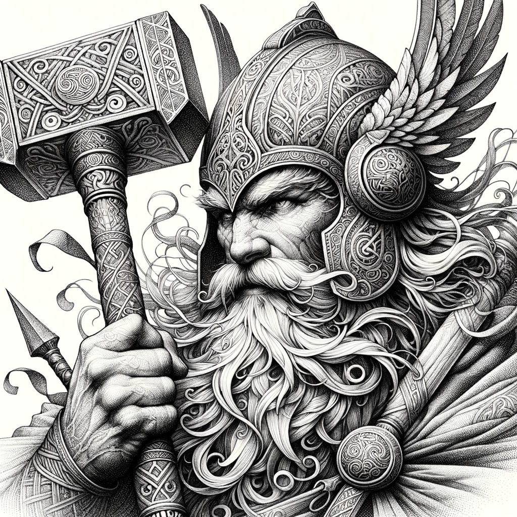 Zeichne ein Bild von Thor dem Sohn Odins wie mit Bleistift. Es muss wunderschön aussehen und einen in den Bann ziehen