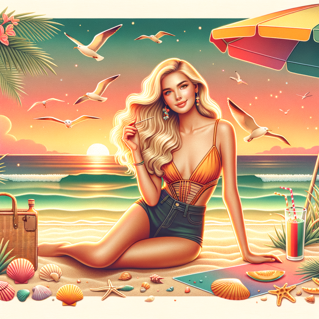 Erstelle ein Bild von einer heissen, blonden Frau im high cut bikini am Strand.