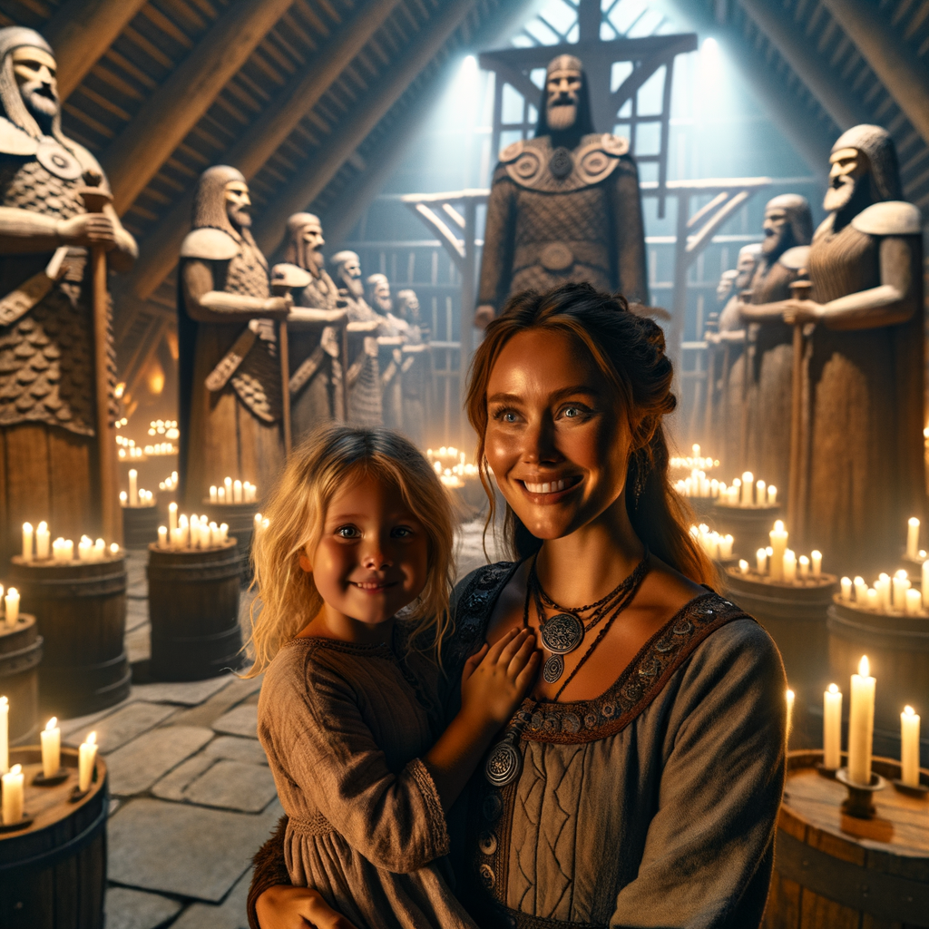 Eine Wikinger Frau zusammen mit Ihrer kleinen Tochter sind im Tempel um den Göttern zu Ehren. in der Halle stehen die Götter als große holzfiguren. es ist schwaches Kerzenlicht welches von den Kerzen an den Wänden scheint