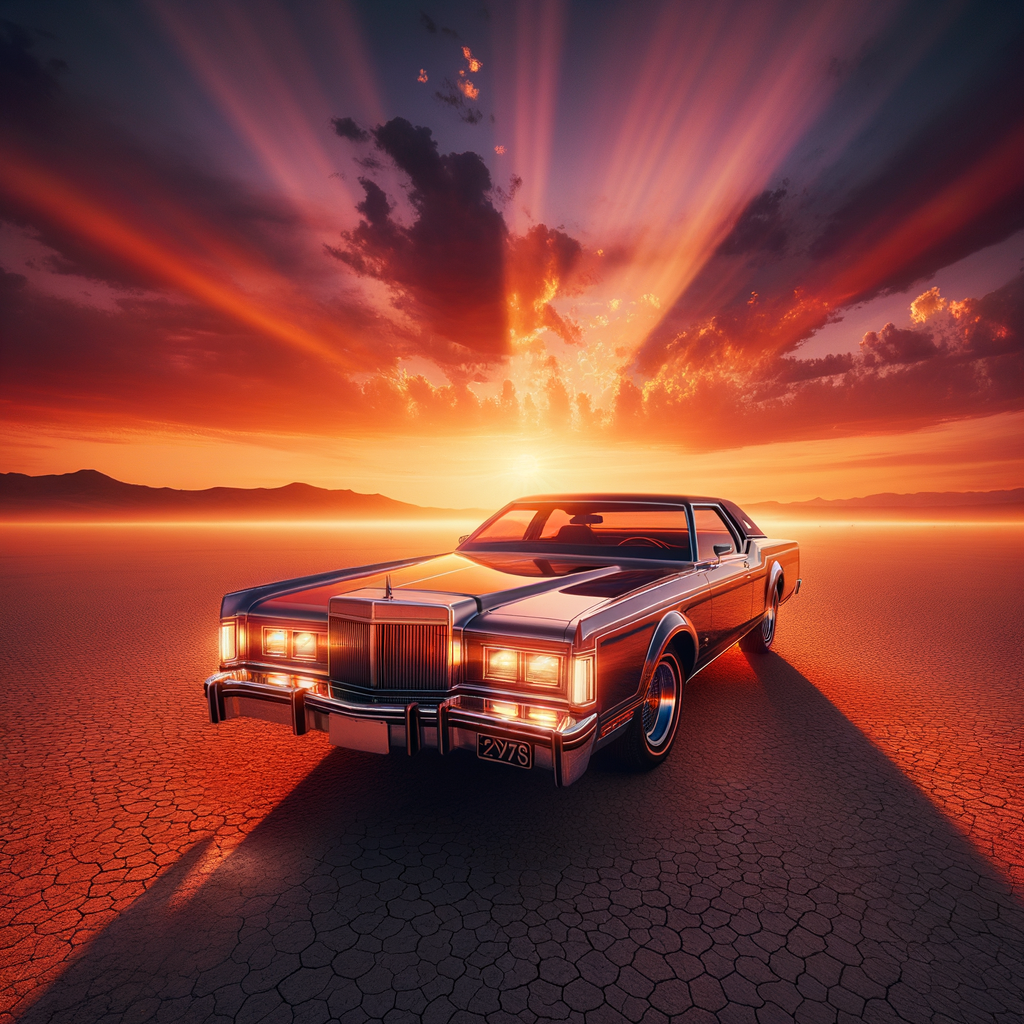 1978 Lincoln Mark V in der Wüste bei Sonnenuntergang