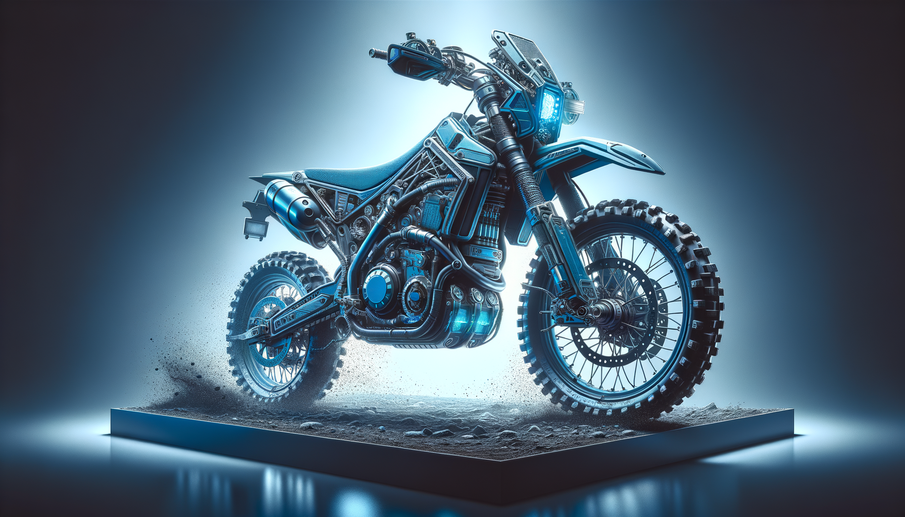 Ein sportliches offroad Motorrad armaturen in blau. Sehr High Tech, sehr futuristisch. Mit freigestelltem Hintergrund. Das Motorrad sollte ganz sichtbar sein, auch die Reifen mit etwas fliegendem Dreck