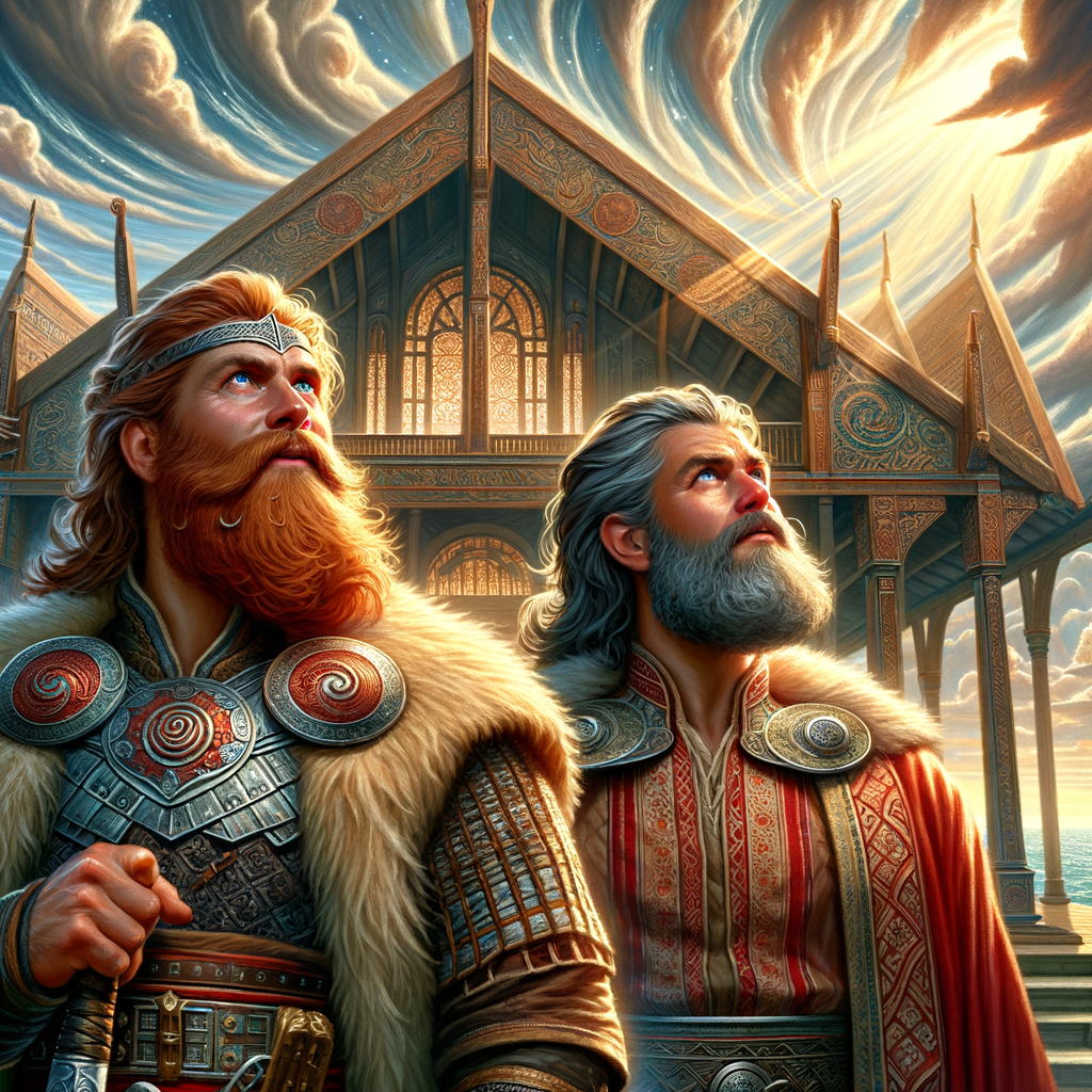 Thor und Odin stehen vor Valhalla und schauen nach Oben in den Himmel