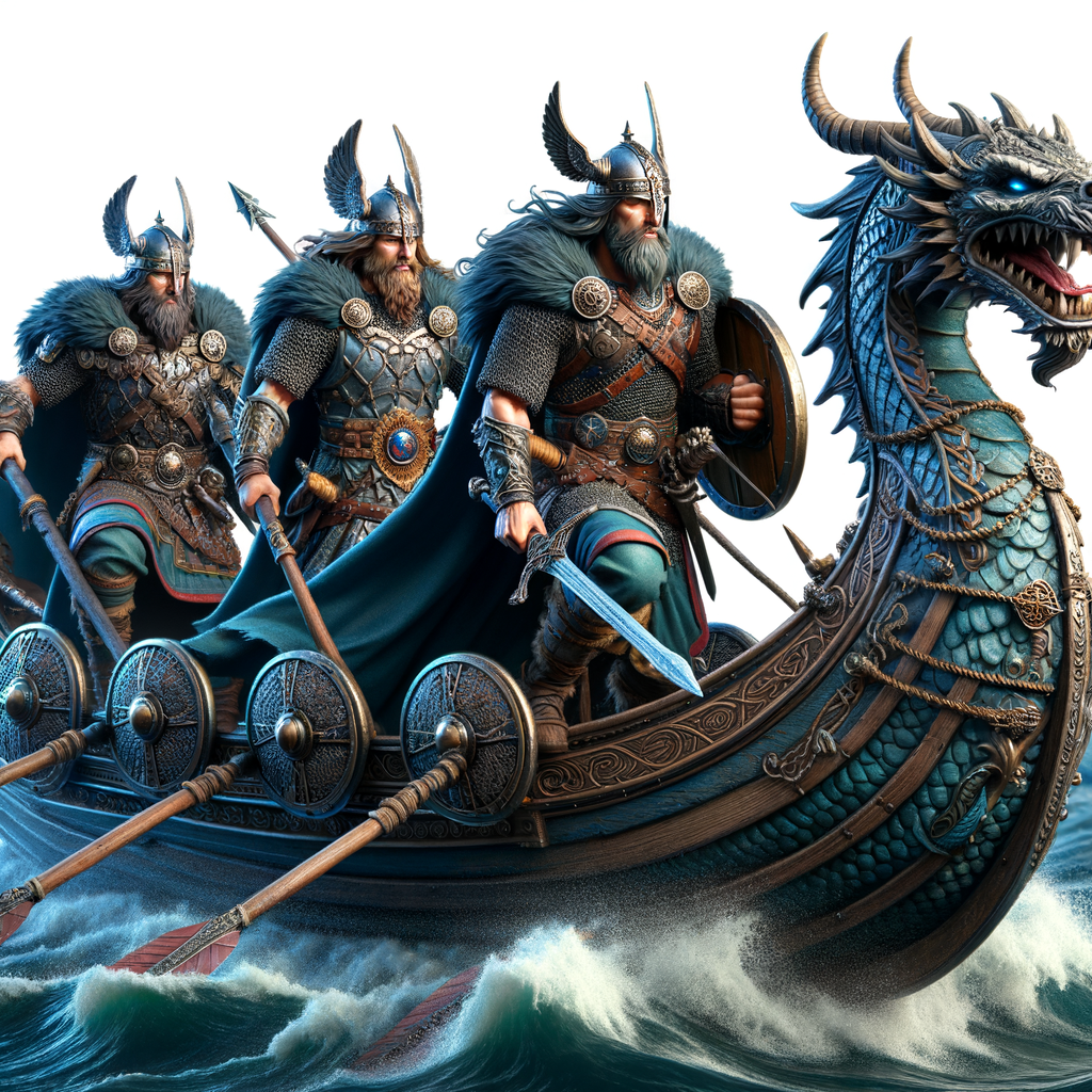 Wikingerkrieger auf einem Drachenboot. In mächtiger und Edler Rüstung, der Glaube fest an die Götter verankert. Sie gehen auf Raubzug