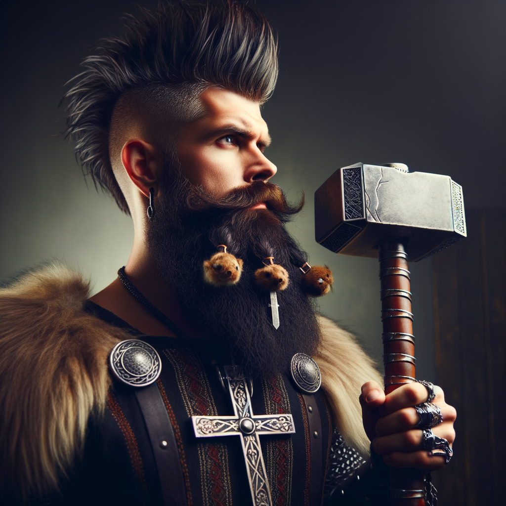 Ein Wikinger mit langem schwarzen gepflegtem Bart und Einer Wikinger-Friseur. Er trägt ein Trolle-Kreuz und Thors Hammer. Er wirkt Respekteinflößend und liebevoll. Er steht zu den Göttern.